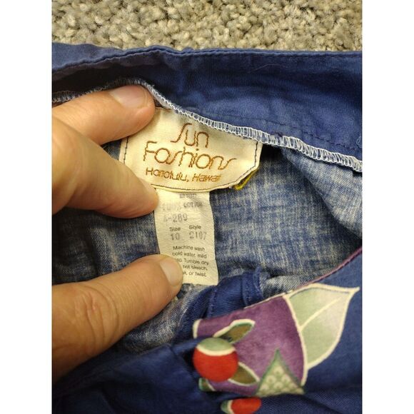 Vtg Sun Fashions Of Hawaii Honolulu Sz 10 Blue Floral & Fruits Muumuu Maxi Dress - Picture 5 of 10